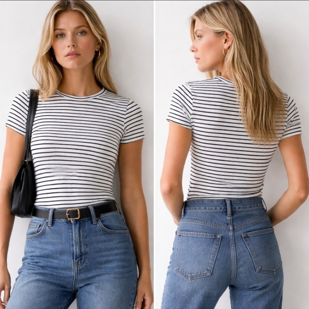 H&M Breton Stripe Ribbed Baby Tee Black White Minimalist Clean Girl Top Size S